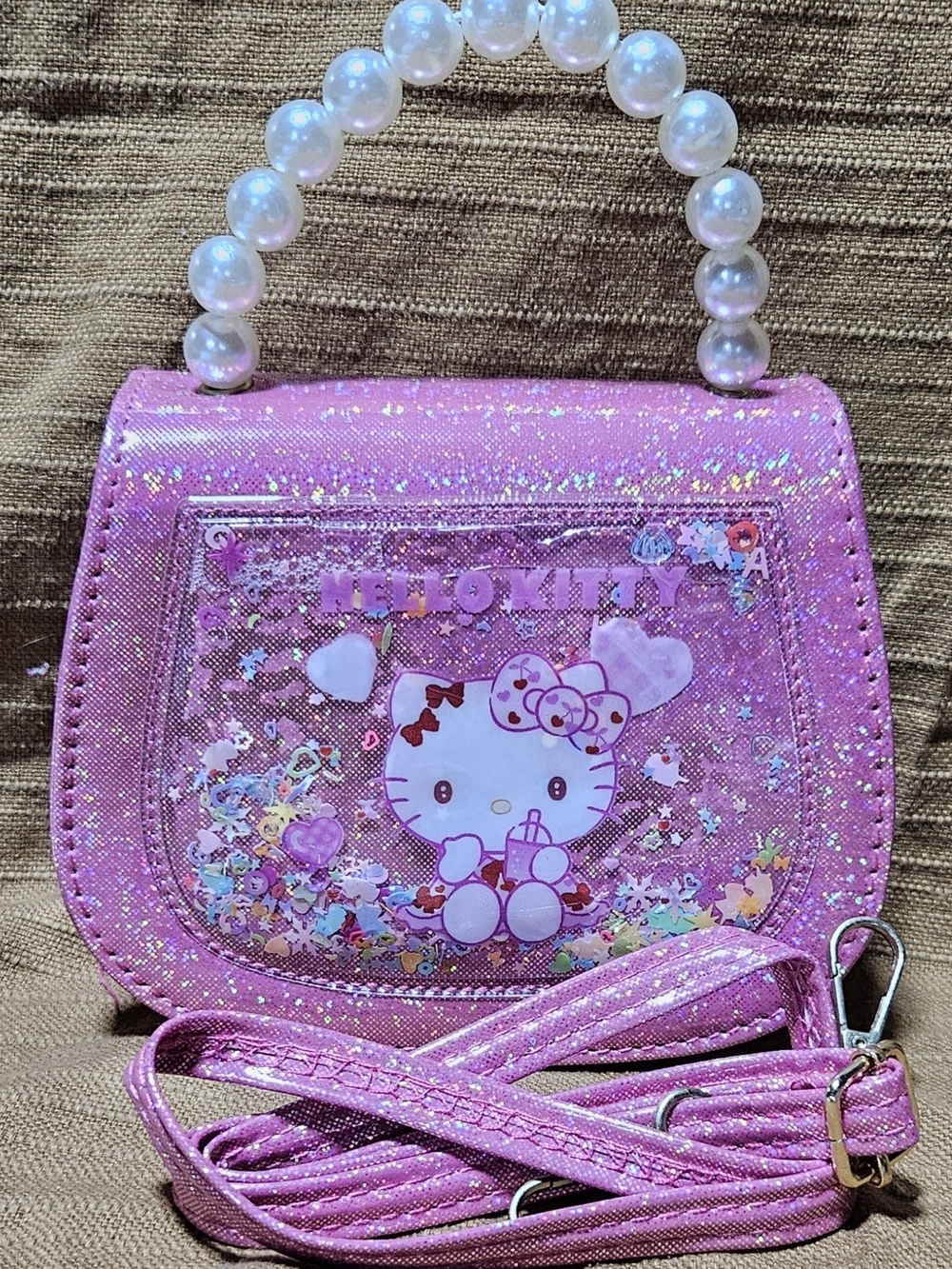 Hello Kitty Pink Glitter Kids Handbag with Pearl Handle